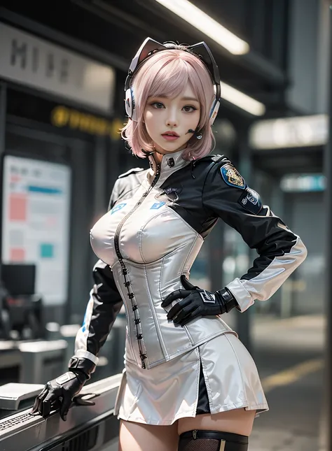 (Top Quality, Ultra High Definition, Photorealistic: 1.4), (cowboy shot:1), 1 Beautiful Girl, (Kpop Idol), Detailed Face, (Hair Style:Pink:0.6Silver:0.4, fullbang, shortbob-style:1), Contrapposto, Perfect Anatomy, Smooth Skin, Professional Lighting, (wear ...