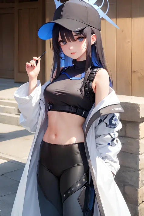 (masterpiece, best quality:1.2), solo, 1girl, saori (blue archive), mouth mask, looking to the side, long hair, black hair, baseball cap, halo, blue eyes, open clothes, off shoulder, coat, crop top, chest harness, black pants