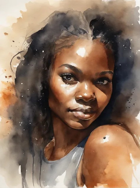 Watercolor painting of a beautiful black girl : : Trending on Artstation: : Simple composition creates a sense of order and harmony. The painting reflects the spiritual qualities of the natural world. --up light --ar 9:16