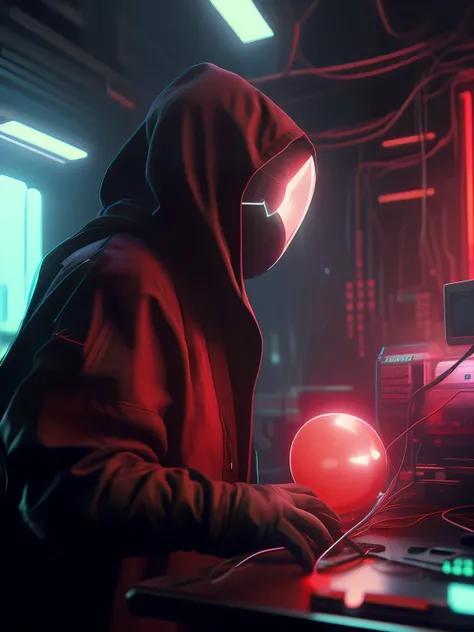 neonninja style, a close up of a person wearing a red hood there is a large ball in the middle of a room, a close up of an elect...