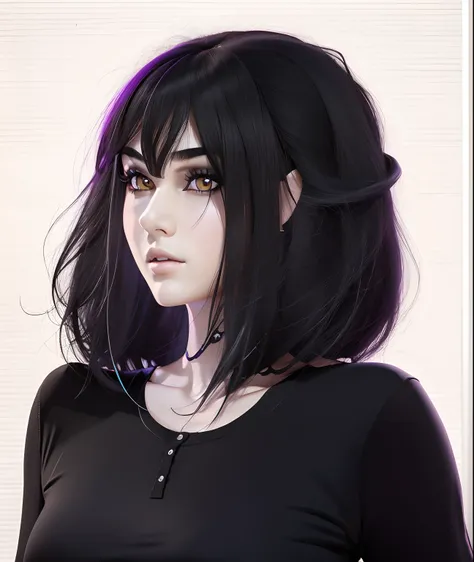 Woman with black hair and purple eyes in black shirt, semirealistic anime style, anime realism style, realistic young anime girl, semi realistic anime, ( ( Deep black eyes ) ), anime styled 3d, realistic anime style, render of april, realistic anime 3 d st...