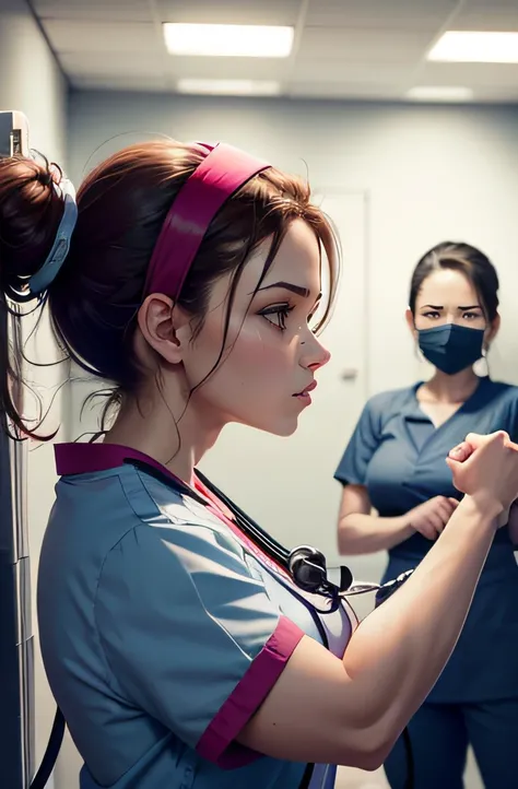 arafed female nurse with stethoscope flexing her fist, Woking on a busy emergency room with a lot of sick people around, healthcare worker, nursing, nurse scrubs, in a fighting pose, wearing a hospital gown, in a fighting stance, nurse, surgical gown and s...