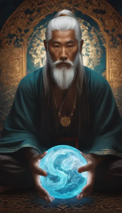 Close-up of a 30-year-old middle-aged Asian man，Holding a glowing ball in your hand,long, whitish hair，barba longa，Cross-legged sitting meditation ignites the aura of magic around you，taoist master,taoist