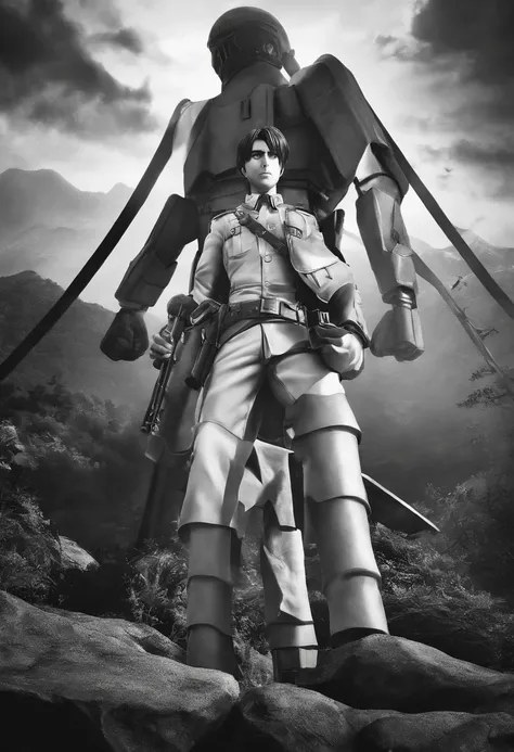 Generate an atmospheric and emotional black-and-white movie poster in the style of Hajime Isayamas Attack on Titan. Auf dem Plakat sollte prominent Eren Jaeger zu sehen sein, wearing a Paradis Island uniform and ODM equipment, Erschrocken zu einem kolossal...