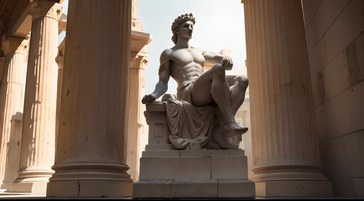 Ancient Greek statue with angry expression, Outside, com rosto extremamente detalhado full body view, Colors with low saturation with dark tone, Filmado em Sony A7S III com Sony FE 35mm f/1.8, 12.1 MP, --AR 3:2 --estilo cru