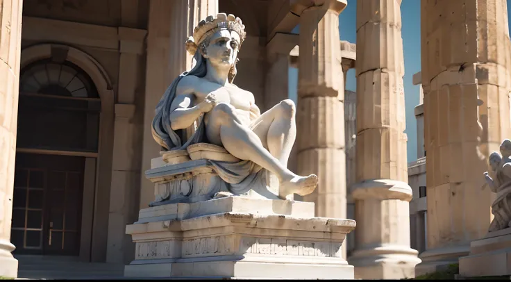 Ancient Greek statue with angry expression, Outside, com rosto extremamente detalhado full body view, Colors with low saturation with dark tone, Filmado em Sony A7S III com Sony FE 35mm f/1.8, 12.1 MP, --AR 3:2 --estilo cru