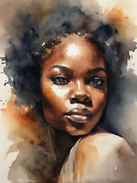 Watercolor painting of a beautiful black girl : : Trending on Artstation: : Simple composition creates a sense of order and harmony. The painting reflects the spiritual qualities of the natural world. --up light --ar 9:16