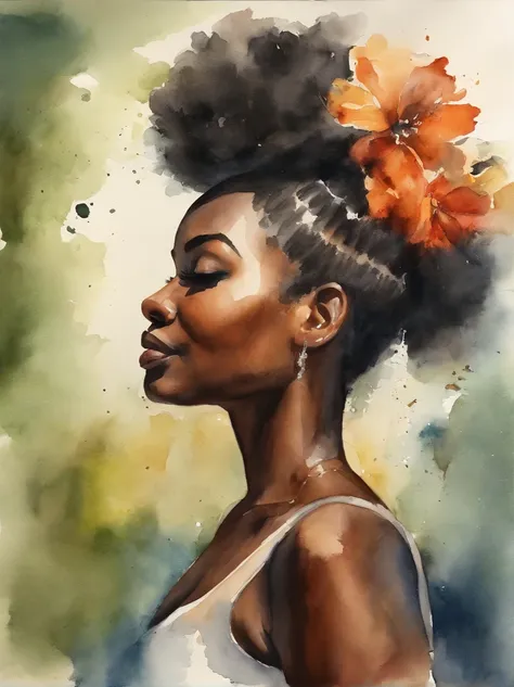 Watercolor painting of a beautiful black girl : : Trending on Artstation: : Simple composition creates a sense of order and harmony. The painting reflects the spiritual qualities of the natural world. --up light --ar 9:16