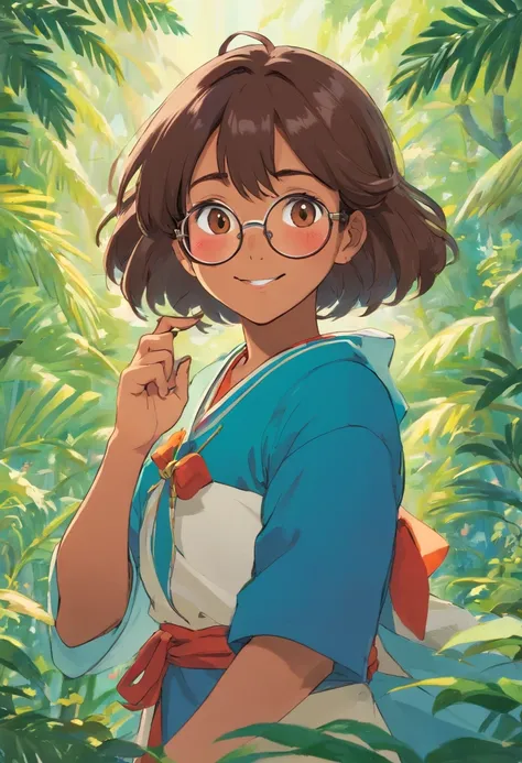 profesora latina, with dark complexion, anime, usando lentes color dorado, sonriendo, Colorful animation stills, Masami Teraoka, aguamarina, Paul Gauguin, Estilo Embry, Honest representation