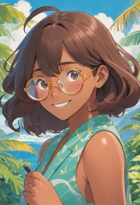 profesora latina, with dark complexion, anime, cabello largo liso, usando lentes color dorado, sonriendo, Colorful animation stills, Masami Teraoka, aguamarina, Paul Gauguin, Estilo Embry, Honest representation