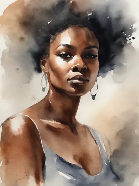 Watercolor painting of a beautiful black girl : : Trending on Artstation: : Simple composition creates a sense of order and harmony. The painting reflects the spiritual qualities of the natural world. --up light --ar 9:16