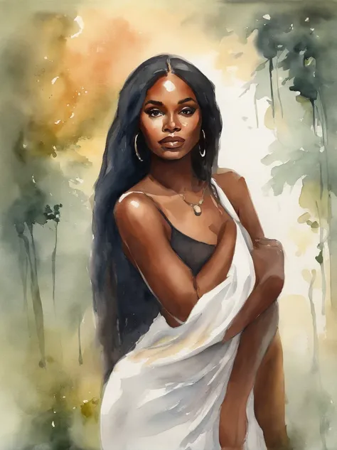 Watercolor painting of a beautiful black girl : : Trending on Artstation: : Simple composition creates a sense of order and harmony. The painting reflects the spiritual qualities of the natural world. --up light --ar 9:16