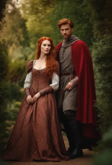 A light brown man and a red-haired woman dressed in medieval clothes posing for a painting, like a medieval fantasy character, in a garden