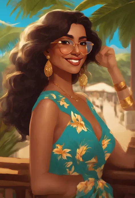 profesora latina, with dark complexion, anime, cabello largo liso, usando lentes color dorado, sonriendo, Colorful animation stills, Masami Teraoka, aguamarina, Paul Gauguin, Estilo Embry, Honest representation