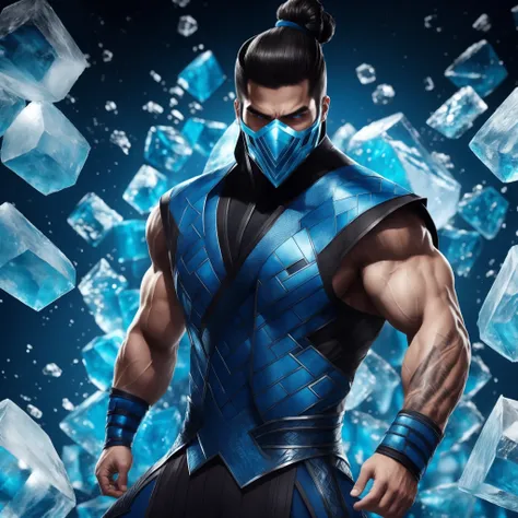 A man, sub Zero,man bun hairstyle,blue and black outfit, surrounded by ice