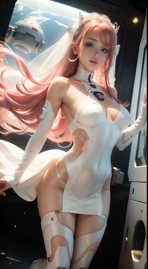 (Best Quality), Masterpiece, 8K, RAW, Cute white Silk Bride Naked，(Photo-realistic), white silk Dress, Pink long Hair, zero-gravity, Full-Body Portrait, soft Lighting, Mecha-Implants, (Cybernetics:1.2), Space-station, Particles floating in Air