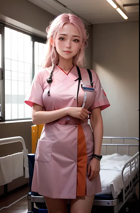 masutepiece、hight resolution、Nurse、30-year-old girl、Looking at the camera、smil、Finish as shown in the photo、the skin is white and beautiful、Hair should be tied back、The background is a hospital room、Beautiful standing figure、Best Quality, (Photorealism: 1....