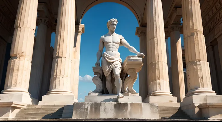 Ancient Greek statue with angry expression, Outside, com rosto extremamente detalhado, full body view, Colors with low saturation with dark tone, Filmado em Sony A7S III com Sony FE 35mm f/1.8, 12.1 MP, --AR 3:2 --estilo cru