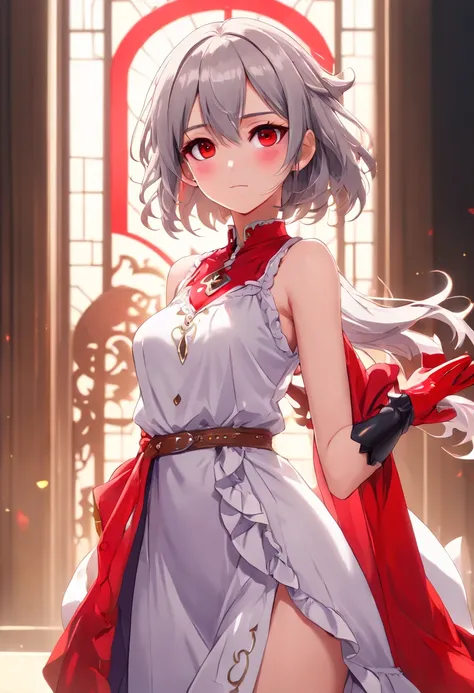 ningguang, ningguang, grey hair, hair ornament, hairpin, long hair, parted bangs, (red eyes:1.5), sidelocks, streaked hair, red hair, BREAK bare shoulders, black gloves, chinese clothes, claw ring, detached sleeves, dress, elbow gloves, frilled sleeves, fr...