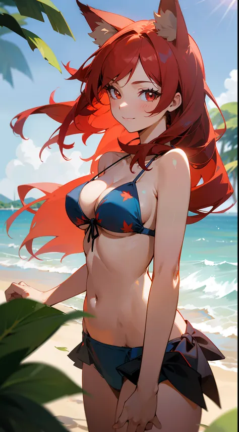 1girl ,20s,smile,closed mouth,bikini,medium tits,red hair,long hair,red eyes,fox ears,beach,blue sky,clouds,summer_leaves,depth_of_field,leaves_in_wind, outdoors, sunlight,cowboy shot