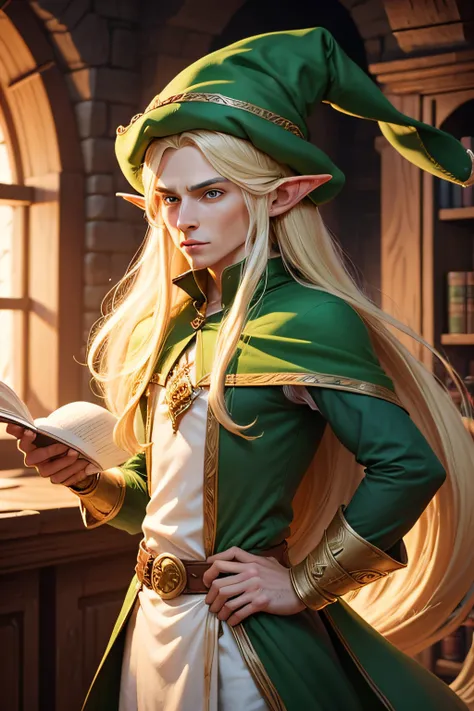 Elf Man With Green Hat Pointy Long Blonde Hair DND Character