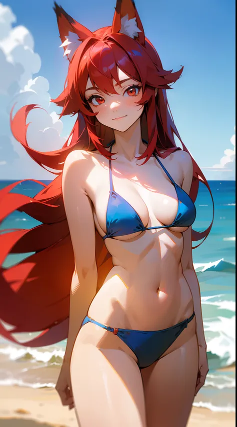 1girl ,20s,smile,closed mouth,blue bikini,medium tits,red hair,long hair,red eyes,fox ears,beach,blue sky,clouds,depth_of_field, outdoors, sunlight,cowboy shot