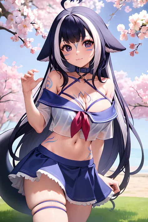 (masterpiece), (ultra-detailed), best quality, 8k, 1girl, solo, outdoors, park, city, cherry blossoms, shylilyfirst, :3, large breasts, cleavage, skirt, shirt, bikini, bikini under clothes, off-shoulder, see-through, see-through shirt, thigh strap, navel, ...