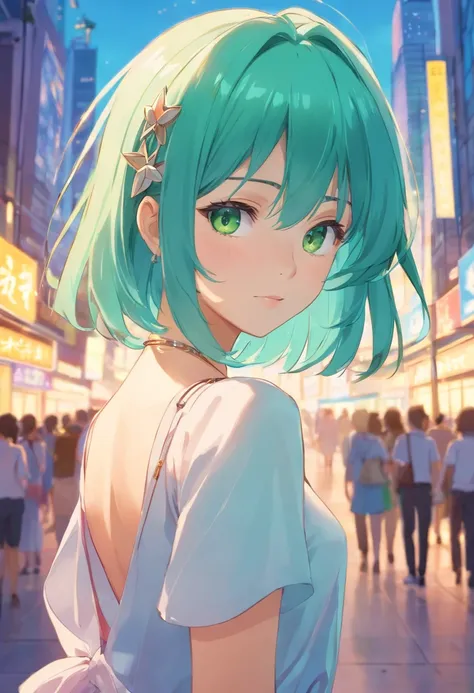 FARUZAN, AQUA HAIR, BLUNT BANGS, COWLICK, GREEN EYES, HAIR BETWEEN EYES, HAIR ORNAMENT, LONG HAIR, SYMBOL-SHAPED PUPILS, TRIANGLE-SHAPED PUPILS, TWINTAILS, X HAIR ORNAMENT,
BANGLE, BARE SHOULDERS, BRACELET, DRESS, JEWELRY, SHORT SLEEVES, SHINY CLOTHES,