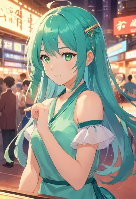 FARUZAN, AQUA HAIR, BLUNT BANGS, COWLICK, GREEN EYES, HAIR BETWEEN EYES, HAIR ORNAMENT, LONG HAIR, SYMBOL-SHAPED PUPILS, TRIANGLE-SHAPED PUPILS, TWINTAILS, X HAIR ORNAMENT,
BANGLE, BARE SHOULDERS, BRACELET, DRESS, JEWELRY, SHORT SLEEVES, SHINY CLOTHES,