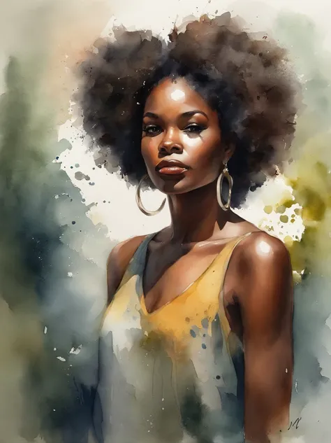 Watercolor painting of a beautiful black girl : : Trending on Artstation: : Simple composition creates a sense of order and harmony. The painting reflects the spiritual qualities of the natural world. --up light --ar 9:16