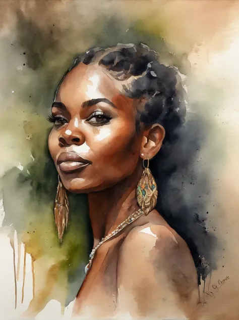 Watercolor painting of a beautiful black girl : : Trending on Artstation: : Simple composition creates a sense of order and harmony. The painting reflects the spiritual qualities of the natural world. --up light --ar 9:16