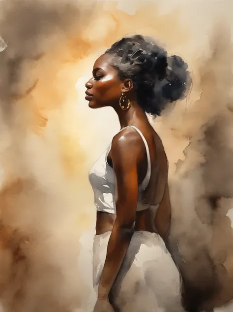 Watercolor painting of a beautiful black girl : : Trending on Artstation: : Simple composition creates a sense of order and harmony. The painting reflects the spiritual qualities of the natural world. --up light --ar 9:16