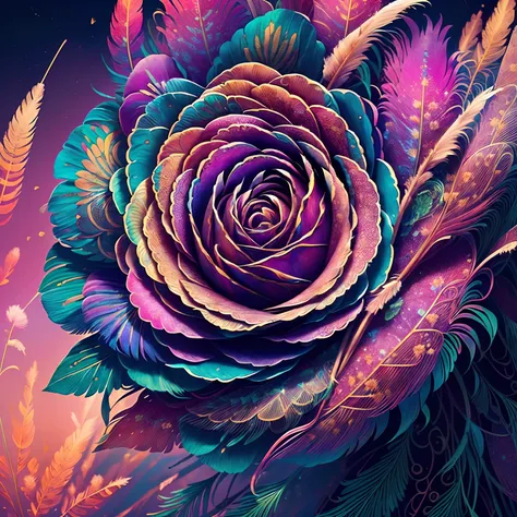 Riff Style 2 (masutepiece, top-quality, Best Quality, Official art, Plants and bird feathers, Beautiful and aesthetic flowers々:1.2), (Roses and pampas grass:1.3), Extremely detailed,(Fractal Art:1.1),(Colorful:1.1)(Flowers:1.3),highest details,(Zentangle:1...