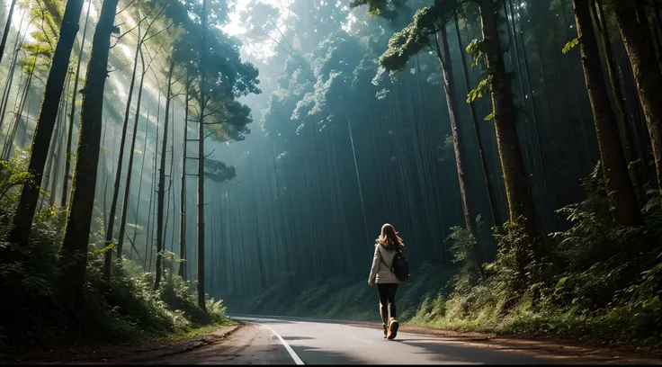 woman walking down a forest highway lightning electricity