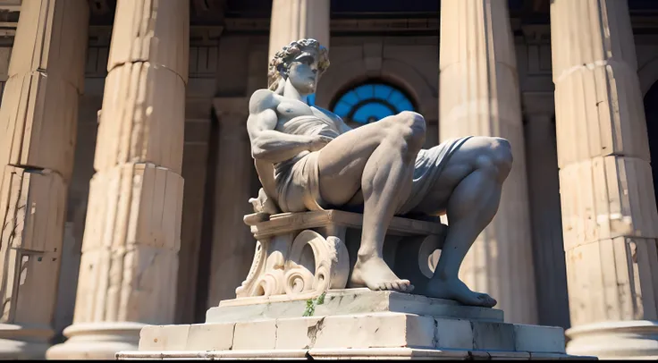 Ancient Greek statue with angry expression, Outside, com rosto extremamente detalhado, well-defined traits, full body view, Colors with low saturation with dark tone, Filmado em Sony A7S III com Sony FE 35mm f/1.8, 12.1 MP, --AR 3:2 --estilo cru