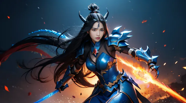 asia woman, The appearance of general friction, Black hair, long tied hair, Complex armor of the dragon of blue color,Fiery background, Blue Chinese Dragon Behind、Combat stance、Running、