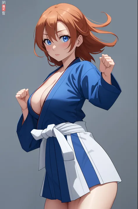 Kousaka honoka, blue eyes, karate gi, serious eye,big breasts, bottomless, standing, cleavage, facing viewer