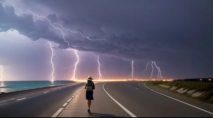 woman walking down a highway by a beach lightning electricity