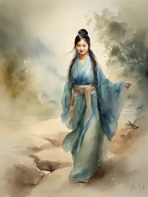 Watercolor painting of a beautiful chinese girl : : Trending on Artstation: : Simple composition creates a sense of order and harmony. The painting reflects the spiritual qualities of the natural world. --up light --ar 9:16