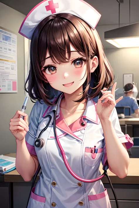 Best Quality, Nurse、Very cute、A smile、bobhair、Brown hair、hospitals、I want to blush、Staring at this、Hats do not、winc、Grab a stethoscope、Brandishing a stethoscope、Using a syringe