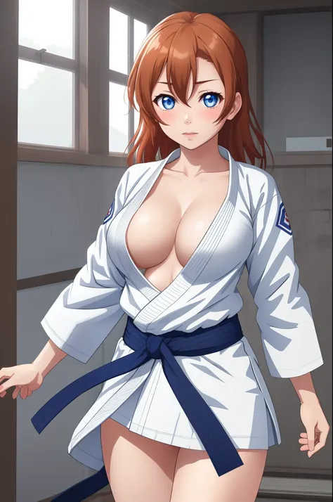 Kousaka honoka, blue eyes, white karate gi, serious eye,big breasts, bottomless, standing, cleavage, facing viewer, panties