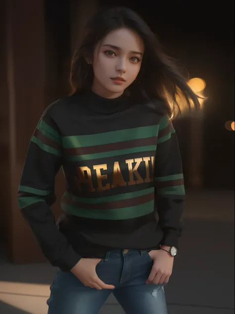 1girl, arafed woman with long hair standing in a dark area, Athletic sexy princess, mid shot portrait, wearing sweatshirt, sneaking, brethtaking lighting, 7 0 mm. dramatic lighting, wearing a green sweater, leaking, mid portrait, 7 0 mm dramatic lighting, ...