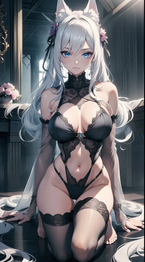 in a castle, full bodyesbian, masterpiece, Best quality at best, official art, Very detailed CG 8k wallpaper, (flying petal)(Detailed ice), Crystal texture of the skin, Grim expression, (fox ear), white hair, long white hair, messy  hair, eBlue eyes, Mediu...