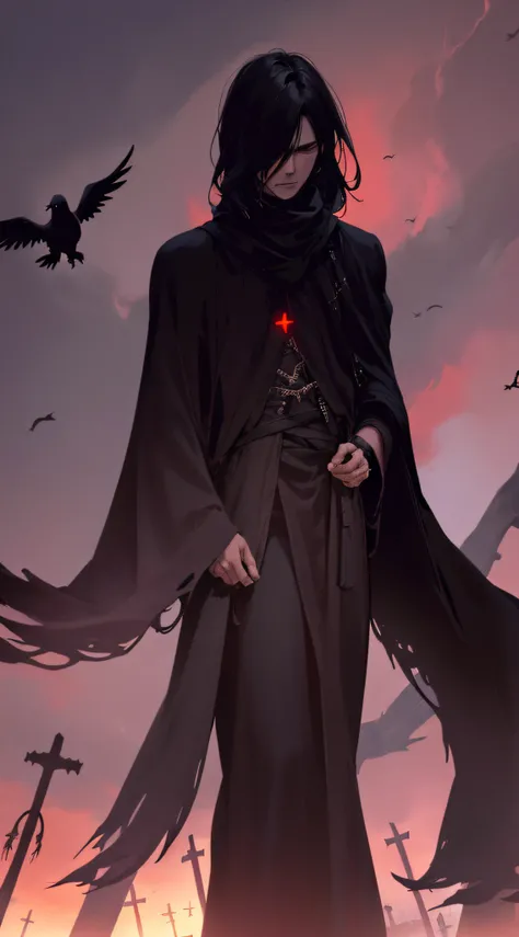 Dark Mage Male, In a black boho robe, Hands to the sides, conjures, dark magic, red glow, Clouds of Crows, in the middle of the cemetery