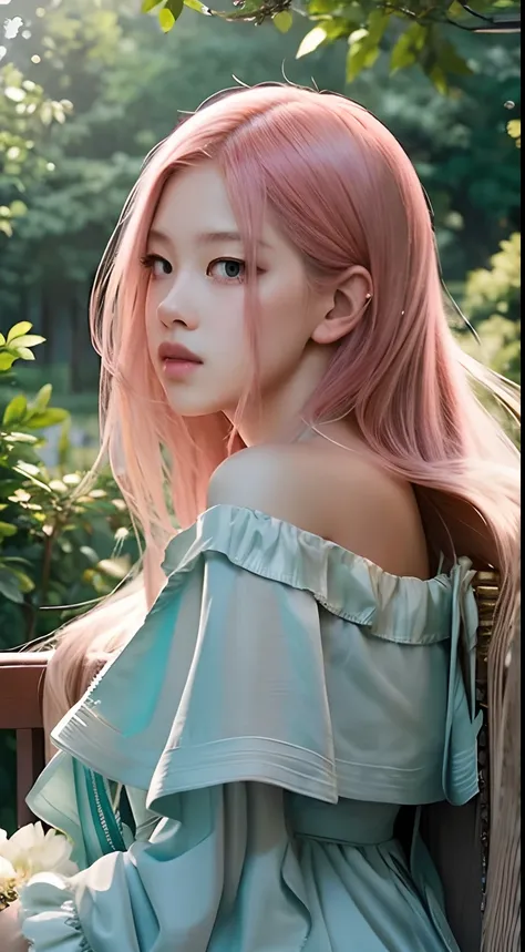 Rosé from blackpink, girl,hair blowing in the wind,flowing dress,beautiful detailed eyes, dreamy expression,soft sunlight,artistic portrait,photorealistic,bokeh,vivid colors,creative lighting,romantic atmosphere,floral elements,ethereal beauty,waist-length...