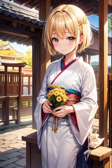 Best Quality、、Very cute、A smile、short-hair、Golden head hair、shrines、I want to blush、Staring at this、winc、Kimono、