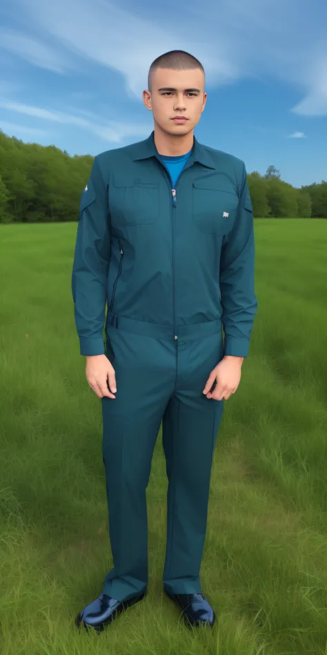 Arafed, Man in green uniform , pants , Full Uniform,  teal uniform,  Technical suit, Patent leather shoes, Standing in the grass, Nature, woods, grass