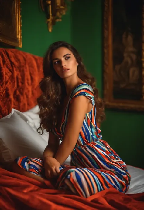 beautiful italian girl lied on a bed with her hands between her thighs, op art