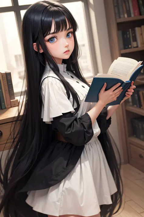 a girl who has a long black hair ,with blue eyes, white long skits, looking the book