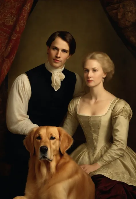 Renaissance style painted portrait of one sophisticated slender 30-year-old white man with black short hair, side part haircut, sitting next to one beautiful modestly dressed blond white woman with pointy nose. One smiling golden retriever dog sits next to...